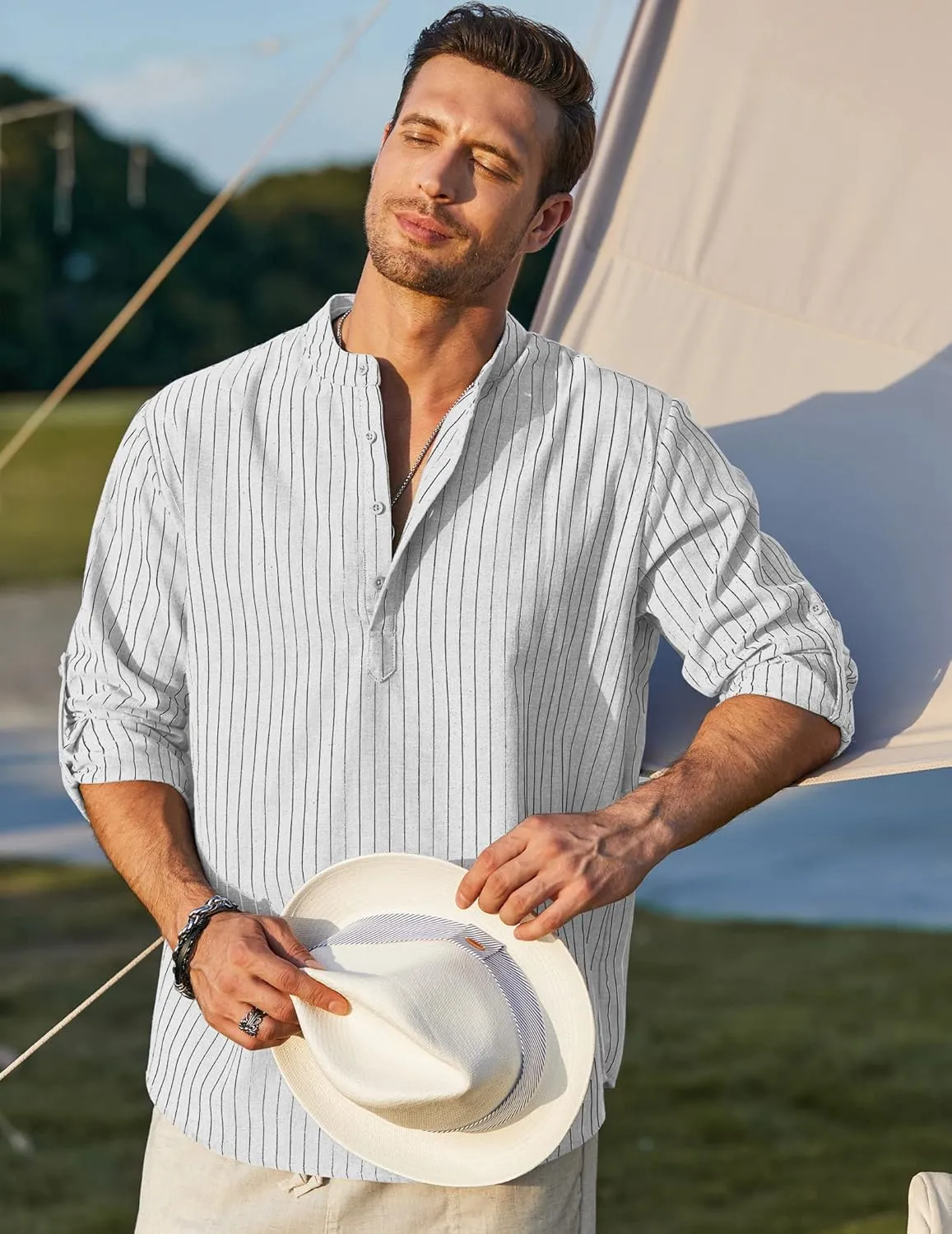 COOFANDY Men's Cotton Linen Henley T-Shirts Long Sleeve Hippie Casual Beach T-Shirts