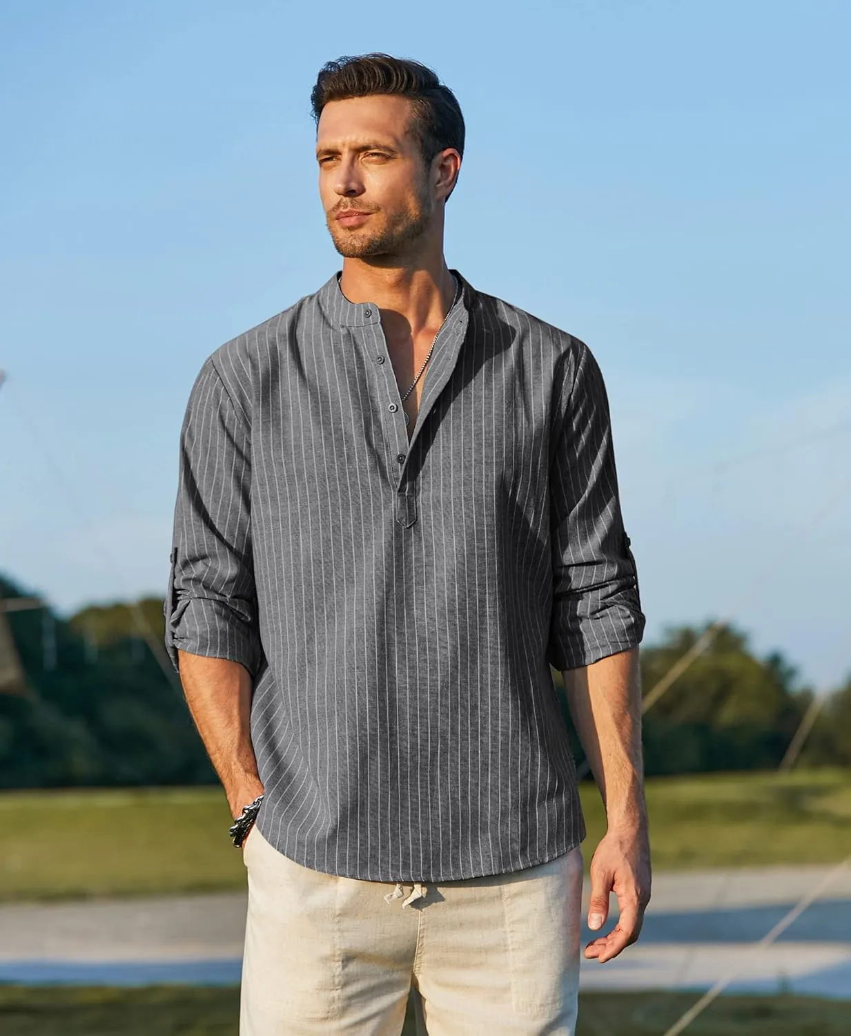 COOFANDY Men's Cotton Linen Henley T-Shirts Long Sleeve Hippie Casual Beach T-Shirts