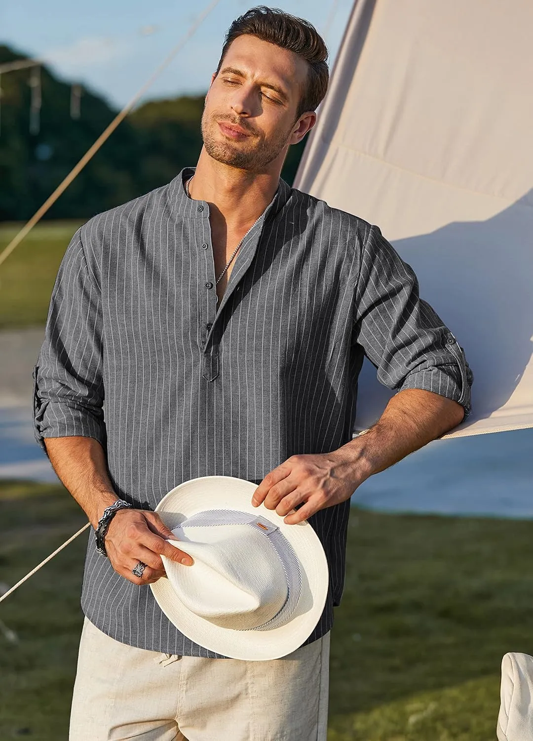 COOFANDY Men's Cotton Linen Henley T-Shirts Long Sleeve Hippie Casual Beach T-Shirts