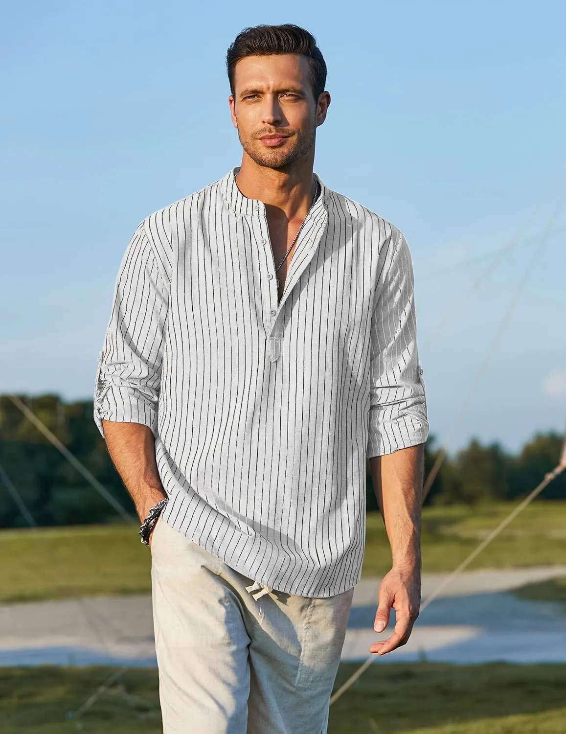COOFANDY Men's Cotton Linen Henley T-Shirts Long Sleeve Hippie Casual Beach T-Shirts