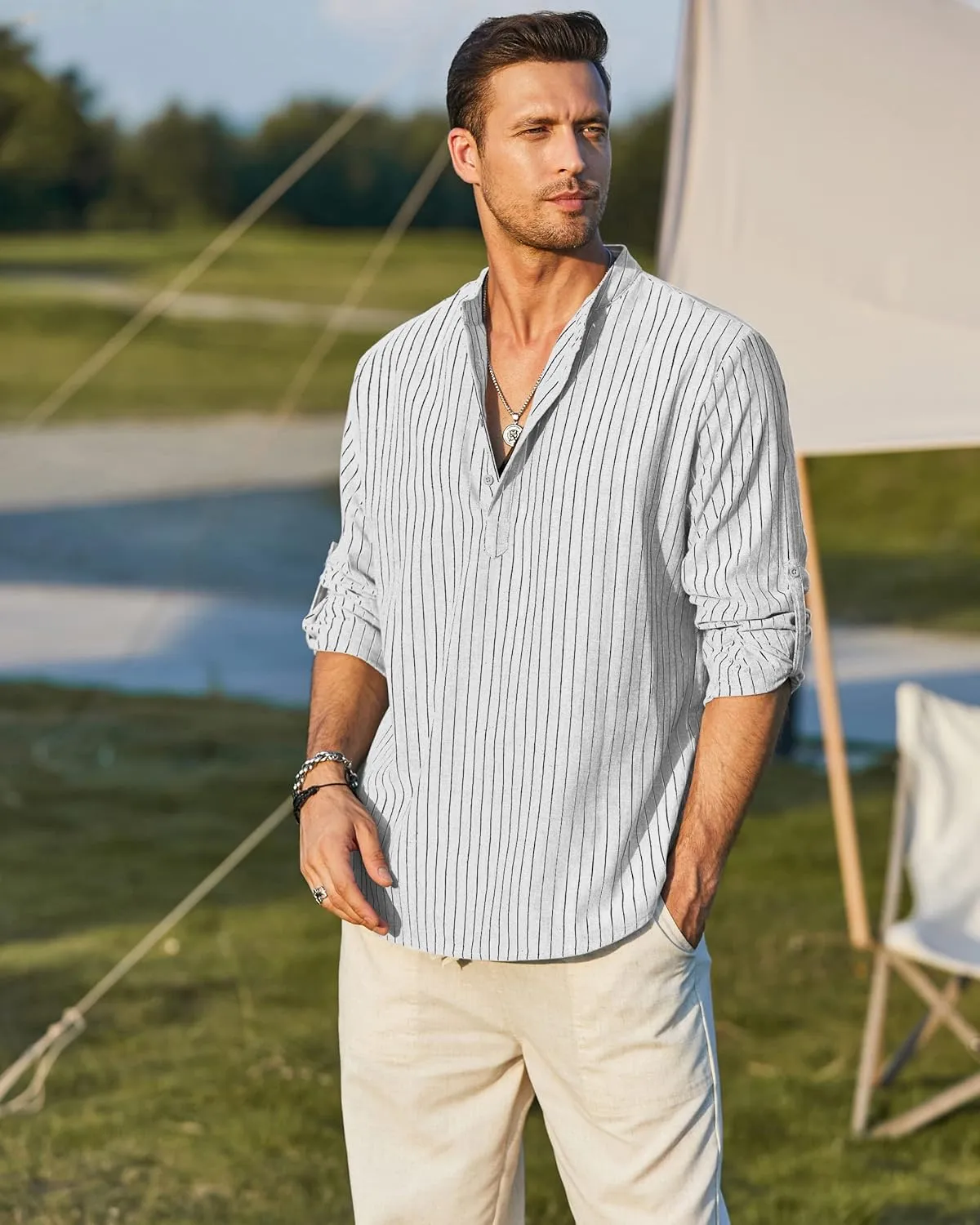 COOFANDY Men's Cotton Linen Henley T-Shirts Long Sleeve Hippie Casual Beach T-Shirts