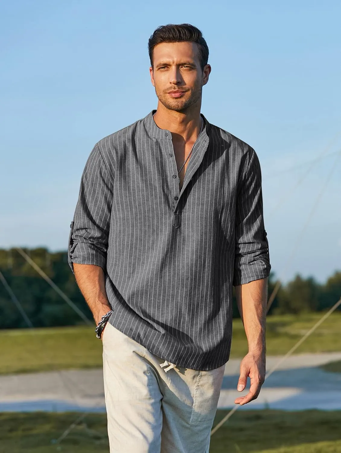 COOFANDY Men's Cotton Linen Henley T-Shirts Long Sleeve Hippie Casual Beach T-Shirts