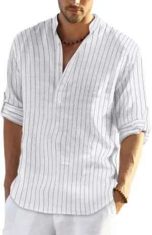 COOFANDY Men's Cotton Linen Henley T-Shirts Long Sleeve Hippie Casual Beach T-Shirts