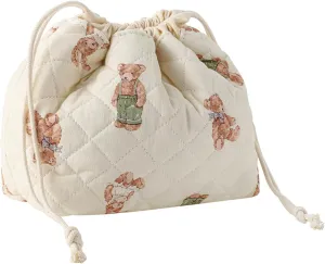 Cotton Quilted Drawstring Makeup Bag with Canvas Lining,Coquette Aesthetic Cute Travel Toiletry Bag,Drawstring Gift Bag for Women and Girls04White Bear