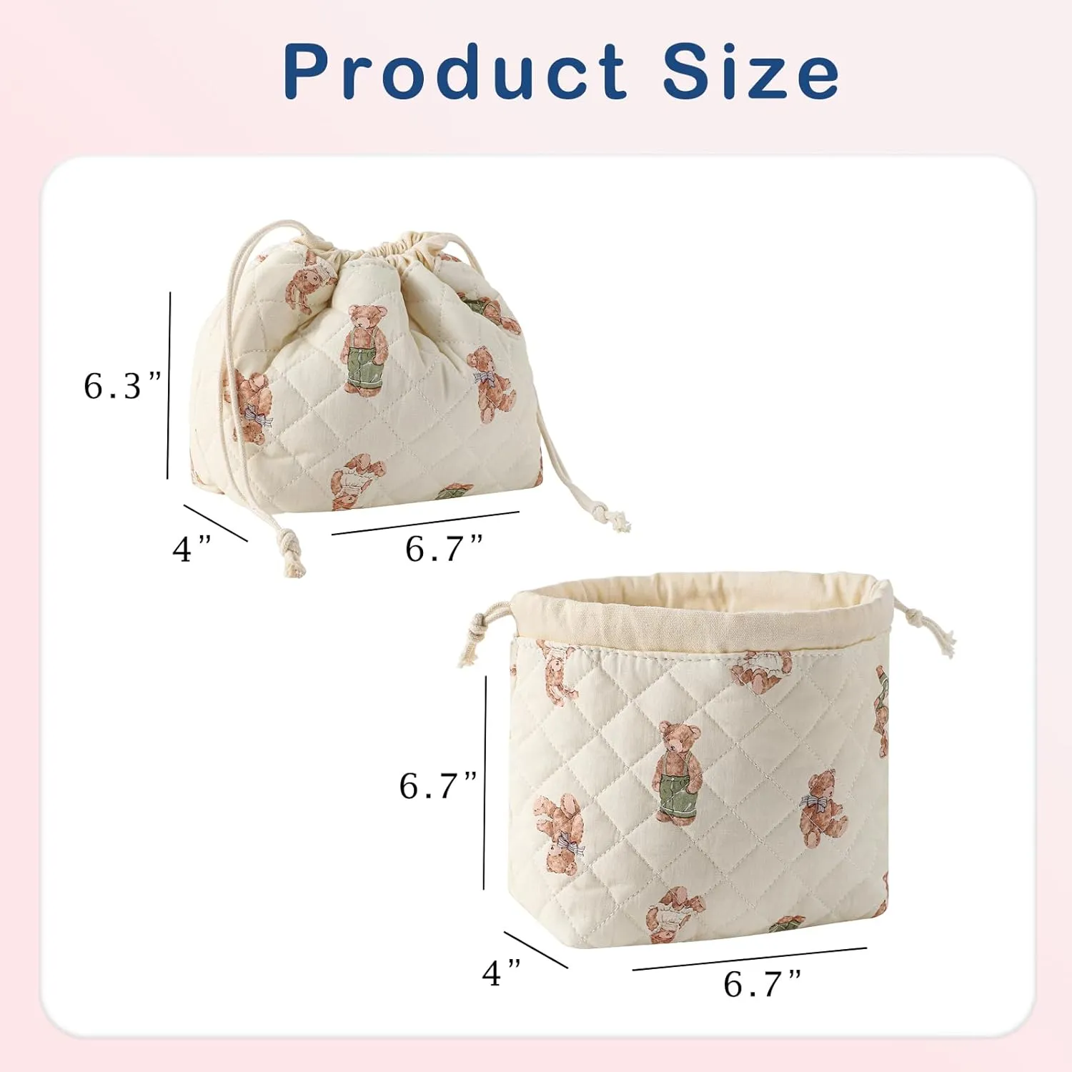 Cotton Quilted Drawstring Makeup Bag with Canvas Lining,Coquette Aesthetic Cute Travel Toiletry Bag,Drawstring Gift Bag for Women and Girls04White Bear