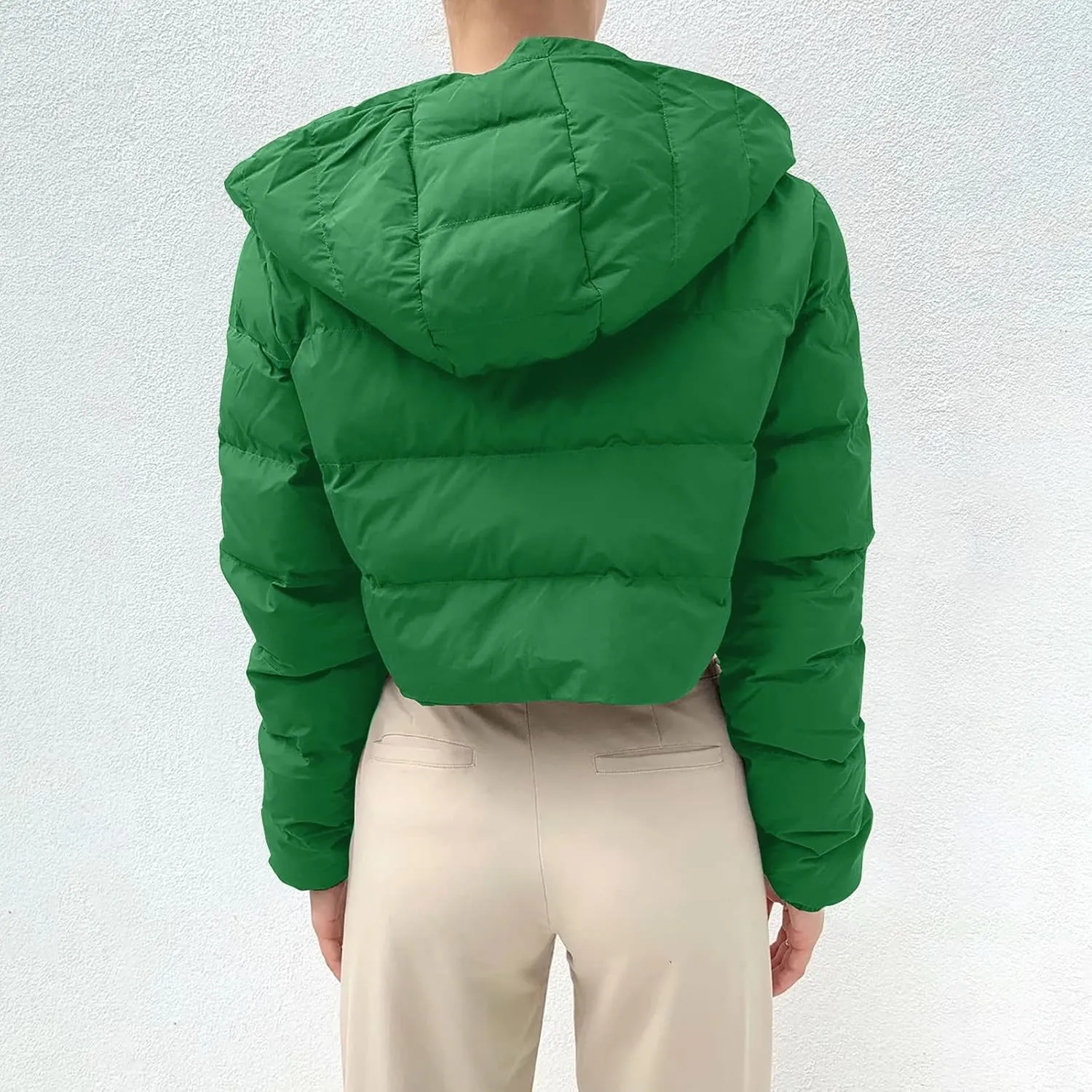 Cropped Jackets for Women Long Sleeve Slim Fit Thickened Down Jacket Winter Zip Up Solid Hooded Quilted Puffer Coat