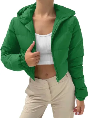 Cropped Jackets for Women Long Sleeve Slim Fit Thickened Down Jacket Winter Zip Up Solid Hooded Quilted Puffer Coat