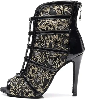 DKZSYIM Women's Ballroom Dance Shoes High Heel Ankle Booties Performance Dance Boots,Model QJW1023