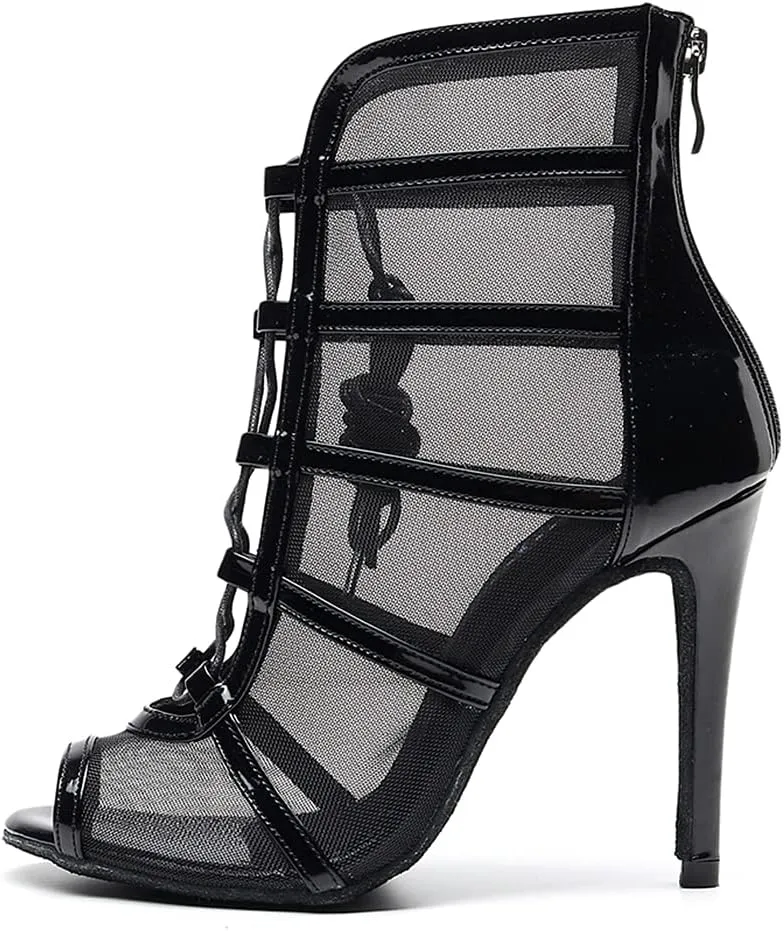 DKZSYIM Women's Ballroom Dance Shoes High Heel Ankle Booties Performance Dance Boots,Model QJW1023