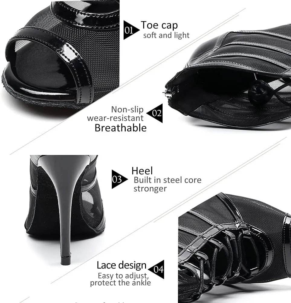 DKZSYIM Women's Ballroom Dance Shoes High Heel Ankle Booties Performance Dance Boots,Model QJW1023