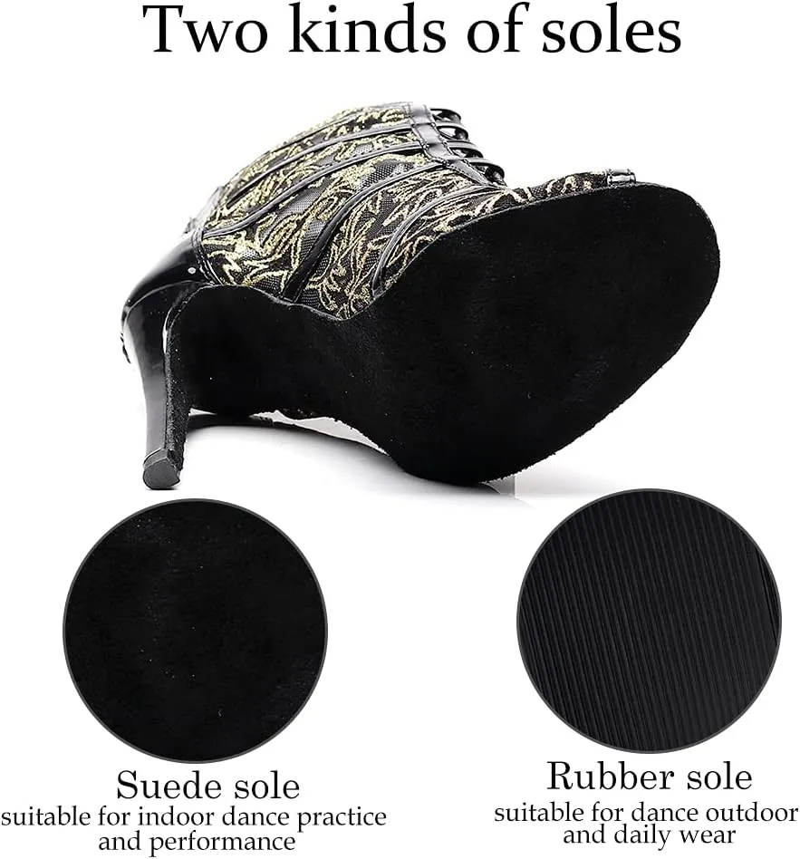 DKZSYIM Women's Ballroom Dance Shoes High Heel Ankle Booties Performance Dance Boots,Model QJW1023