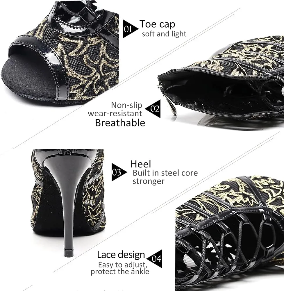 DKZSYIM Women's Ballroom Dance Shoes High Heel Ankle Booties Performance Dance Boots,Model QJW1023