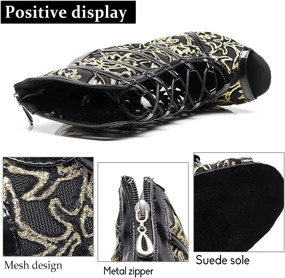 DKZSYIM Women's Ballroom Dance Shoes High Heel Ankle Booties Performance Dance Boots,Model QJW1023