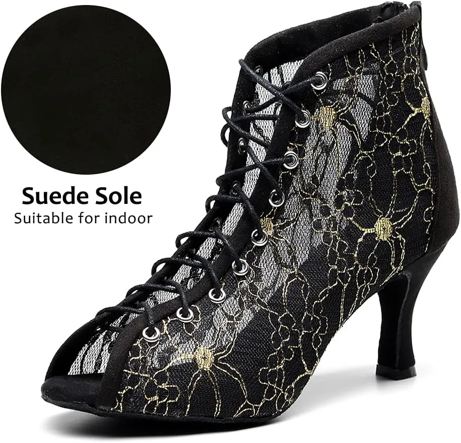 DKZSYIM Women's Ballroom Dance Shoes High Heel Ankle Booties Performance Dance Boots,Model QJW7166