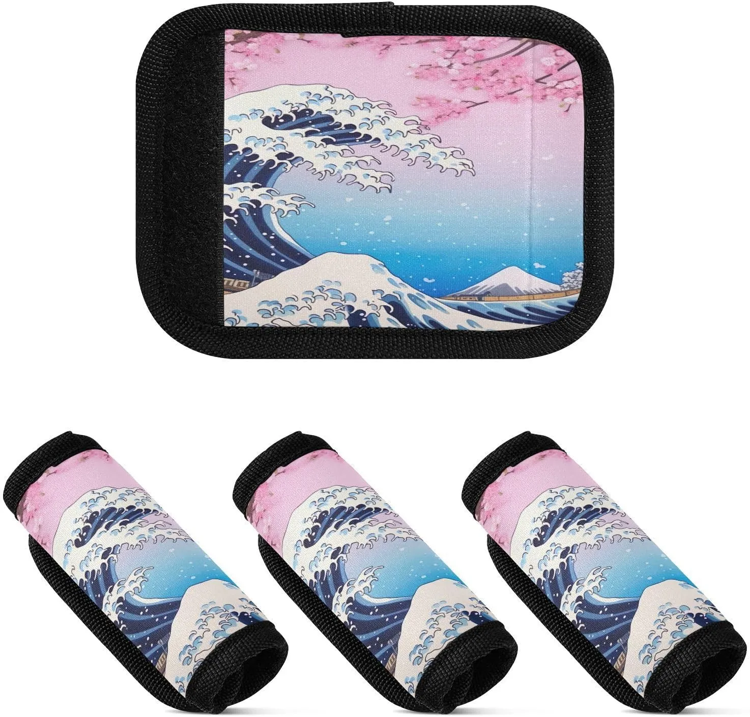 DOMIKING Ocean Waves Cherry Blossom Luggage Handle Wrap Soft Luggage Identifiers for Suitcase Markers Grip for Travel Bag Luggage Suitcase Covers Wraps Travel Accessories, 4 Pack
