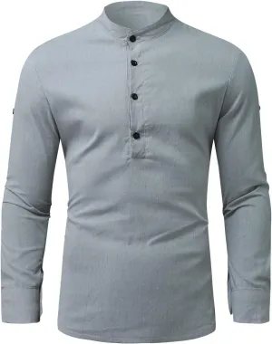 Dress Shirts for Men 2023 Casual Cotton Linen Roll-Up Long Sleeve Summer Spring Tshirt V Neck Solid Pullover Tops