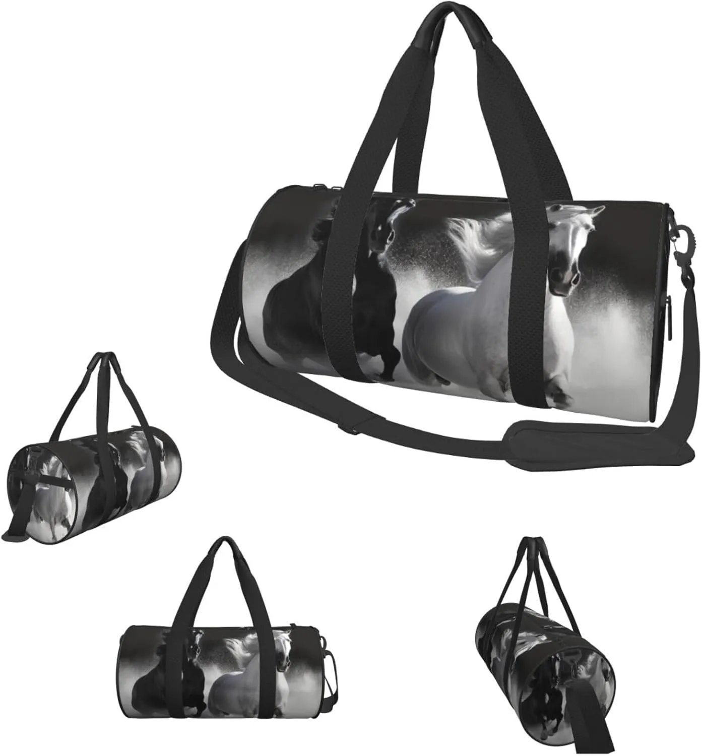 Duffle Bags Black and White Horses Running Gym Bag for Men Women Waterproof Travel Duffle Bags Convertible Carry on Garment Bag for Travel Sports