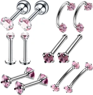 Ear Piercing Jewelry, Cartilage Piercing Jewelry Stainless Steel 12pcs Nose Lip Ring 0.8mm/1.2mm Thickness Silver Cubic Zirconia Piercing Jewelry