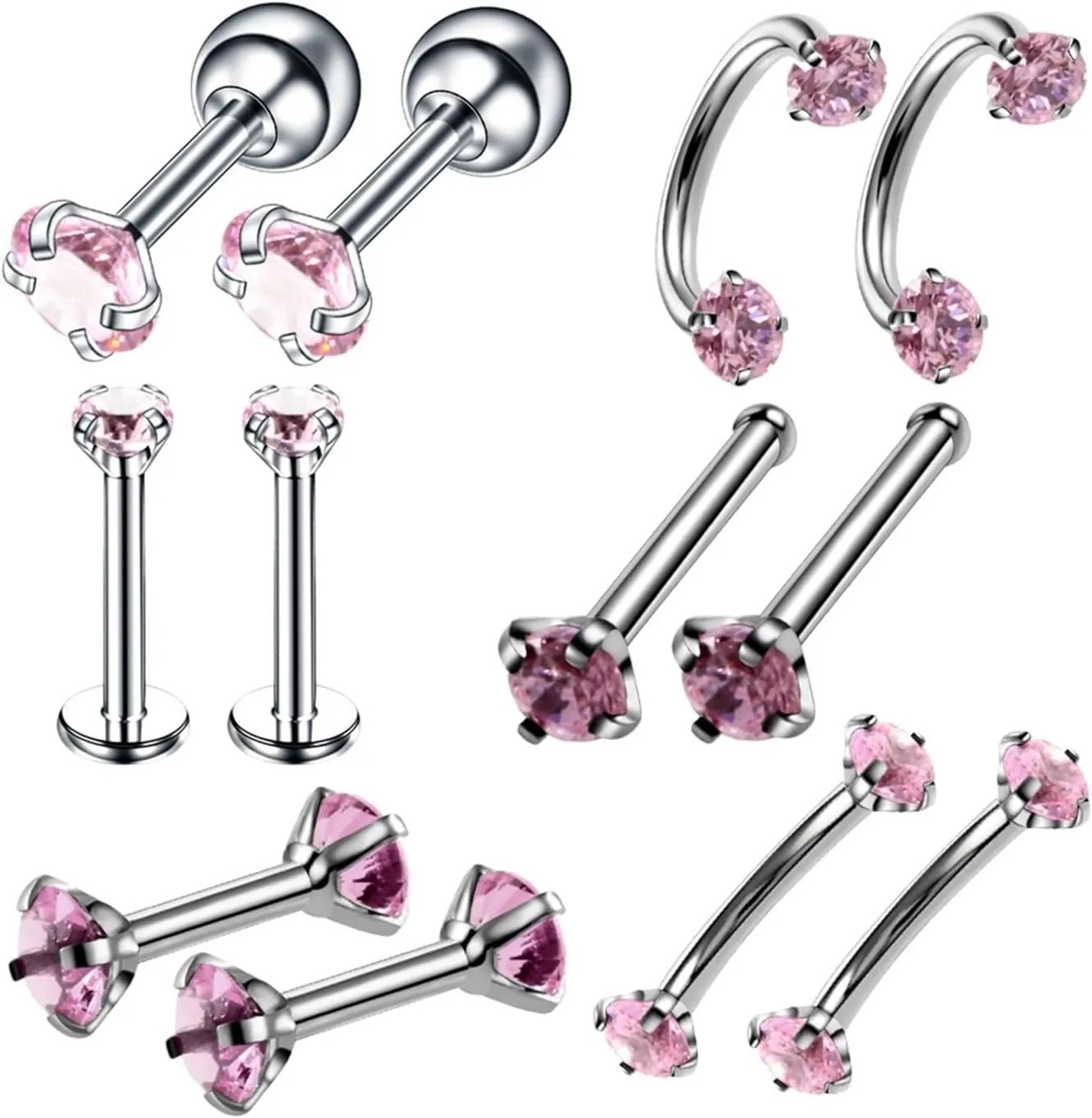 Ear Piercing Jewelry, Cartilage Piercing Jewelry Stainless Steel 12pcs Nose Lip Ring 0.8mm/1.2mm Thickness Silver Cubic Zirconia Piercing Jewelry