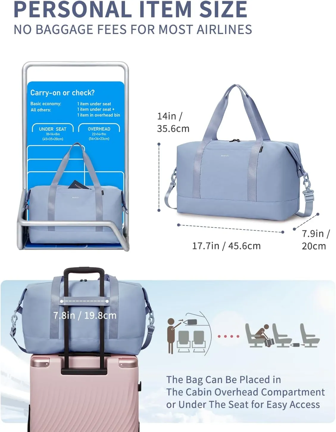 ECOHUB Personal Item Travel Bag 18x14x8 Underseat Carry on with Removable TSA Approved Wet Bag Inner Pockets, Travel Duffel Bags Weekender for Women, 30L Grayish Blue