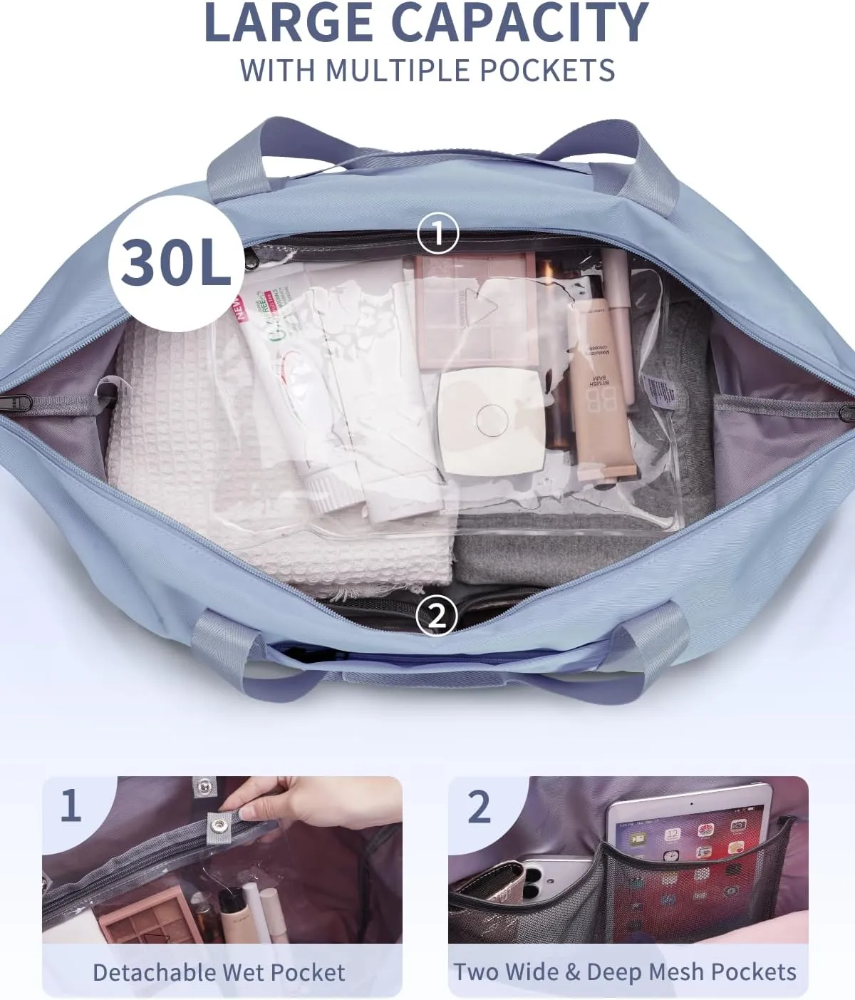 ECOHUB Personal Item Travel Bag 18x14x8 Underseat Carry on with Removable TSA Approved Wet Bag Inner Pockets, Travel Duffel Bags Weekender for Women, 30L Grayish Blue