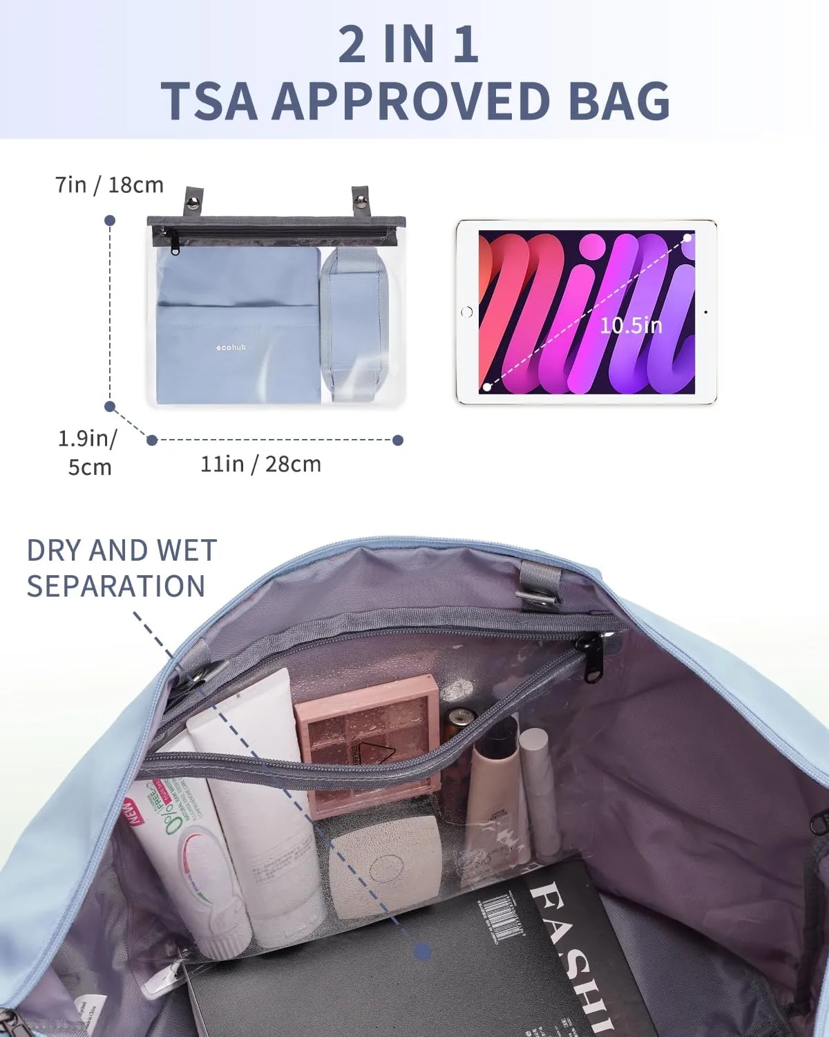 ECOHUB Personal Item Travel Bag 18x14x8 Underseat Carry on with Removable TSA Approved Wet Bag Inner Pockets, Travel Duffel Bags Weekender for Women, 30L Grayish Blue