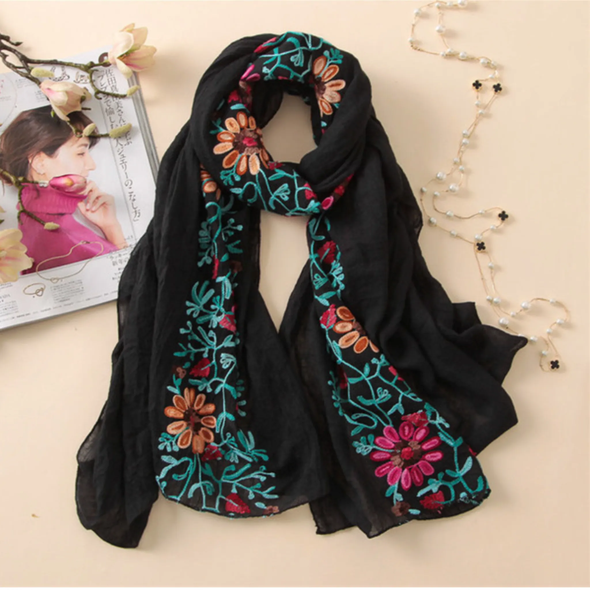 Embroidered Floral Boho Scarves