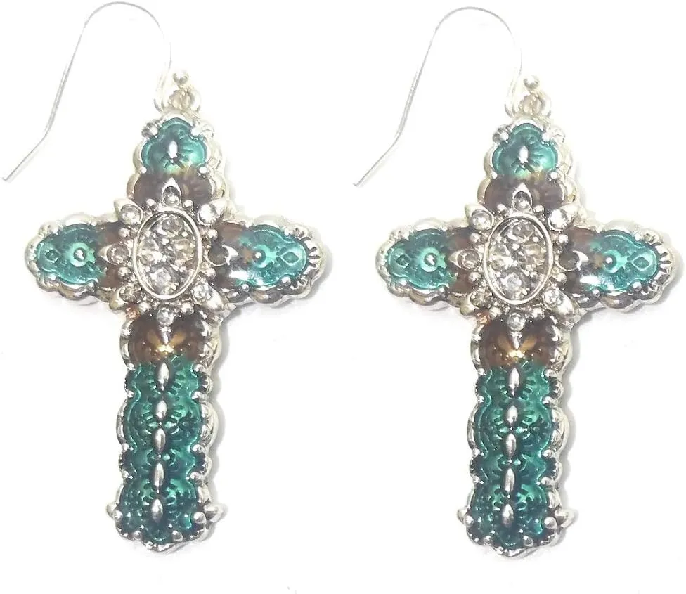Faith Cross Spiritual Jewelry Earrings Dangle Western Jewelry Turquoise Blue Brown