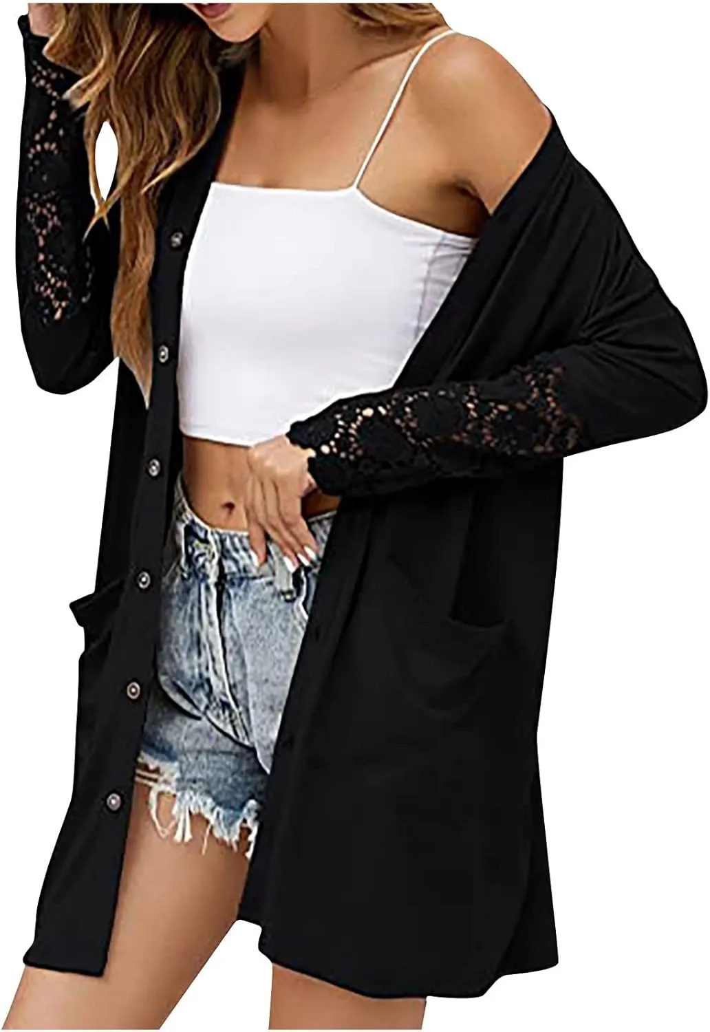 Fall Jackets for Women 2024 Casual Lace Long Sleeve Tops Mid-Length Button Cardigan Coats Outerwear with Pockets