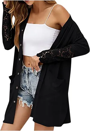 Fall Jackets for Women 2024 Casual Lace Long Sleeve Tops Mid-Length Button Cardigan Coats Outerwear with Pockets