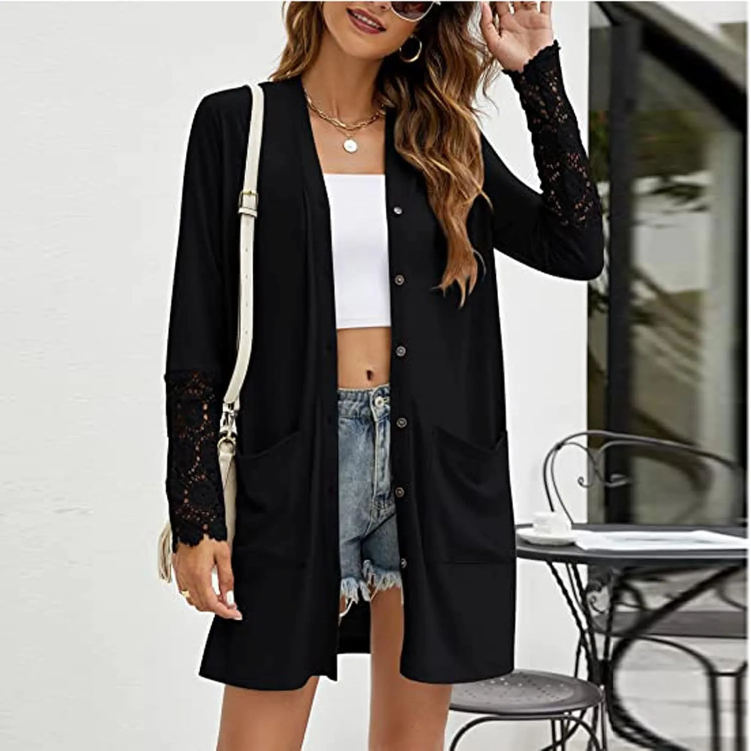 Fall Jackets for Women 2024 Casual Lace Long Sleeve Tops Mid-Length Button Cardigan Coats Outerwear with Pockets
