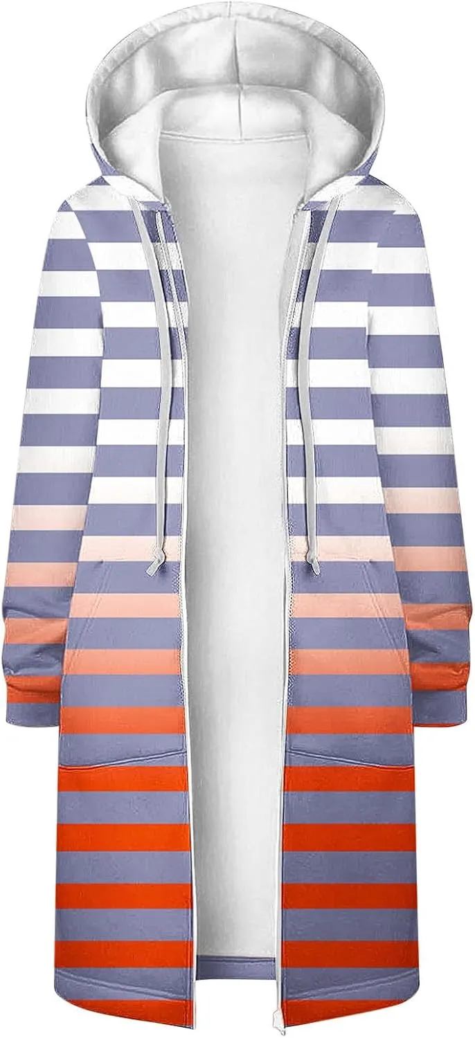 Fall Jackets for Women 2024 Casual Loose Striped Hoodies Long Sleeve Comfy Fit Winter Coats Outerwear