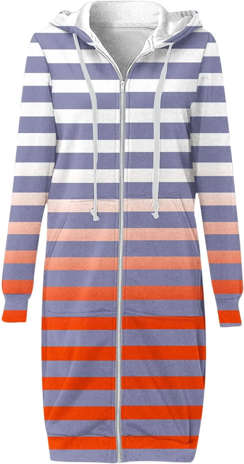 Fall Jackets for Women 2024 Casual Loose Striped Hoodies Long Sleeve Comfy Fit Winter Coats Outerwear