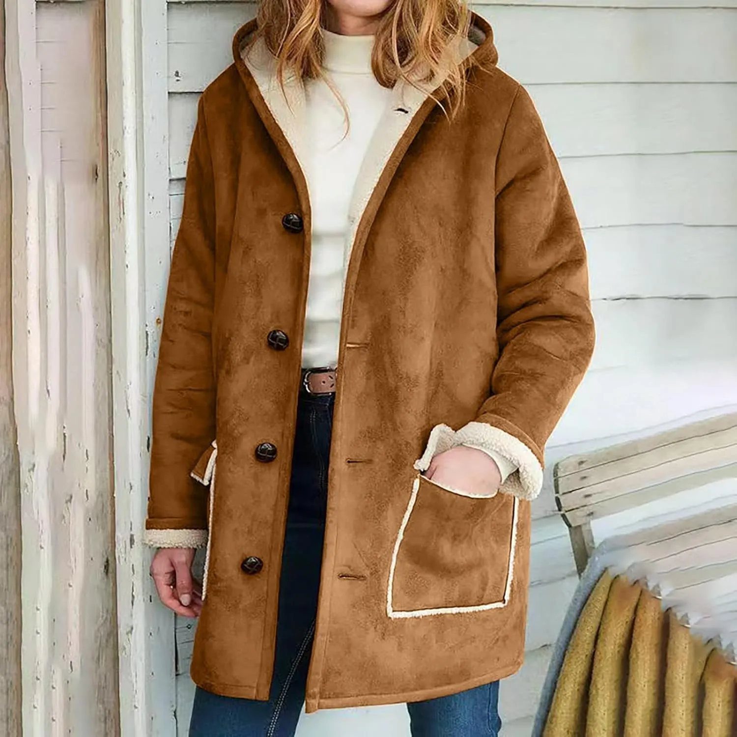 Faux Suede Jackets for Women Winter Fashion Fleece Lined Coats Single Breasted Hooded Outerwear with Pockets