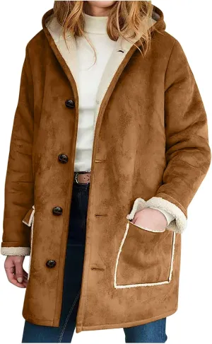 Faux Suede Jackets for Women Winter Fashion Fleece Lined Coats Single Breasted Hooded Outerwear with Pockets