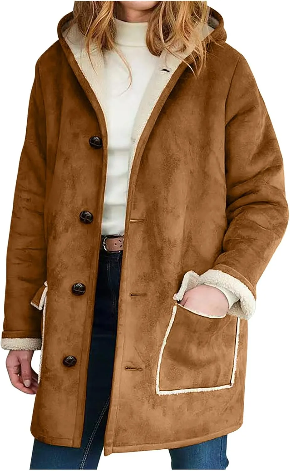 Faux Suede Jackets for Women Winter Fashion Fleece Lined Coats Single Breasted Hooded Outerwear with Pockets