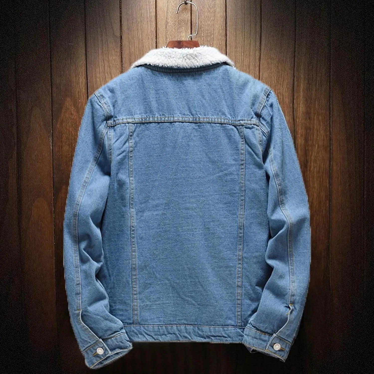 Finelylove Mens Sherpa Fleece Jean Jacket Thicken Denim Trucker Jacket Lapel Neck Warm Fall Winter Coat Windbreaker