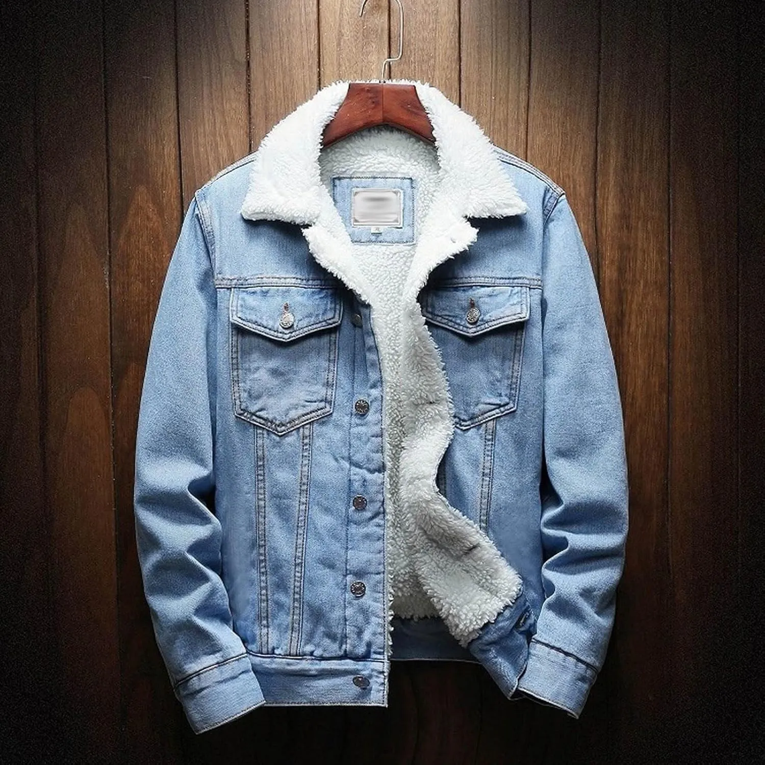 Finelylove Mens Sherpa Fleece Jean Jacket Thicken Denim Trucker Jacket Lapel Neck Warm Fall Winter Coat Windbreaker
