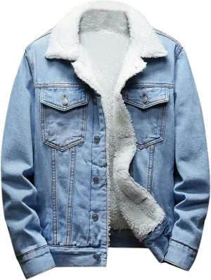 Finelylove Mens Sherpa Fleece Jean Jacket Thicken Denim Trucker Jacket Lapel Neck Warm Fall Winter Coat Windbreaker