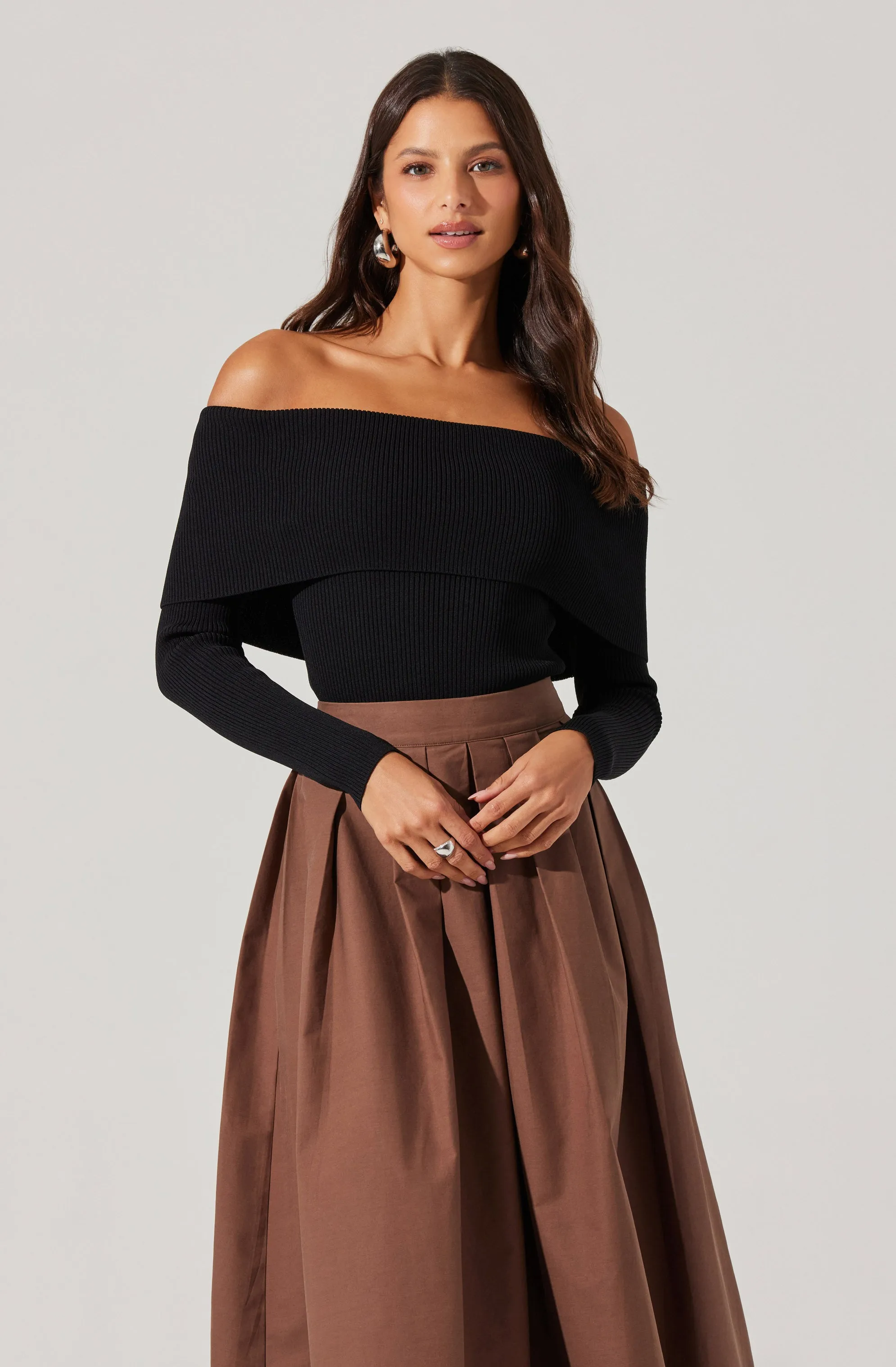 Foldover Ribbed Off Shoulder Sweater