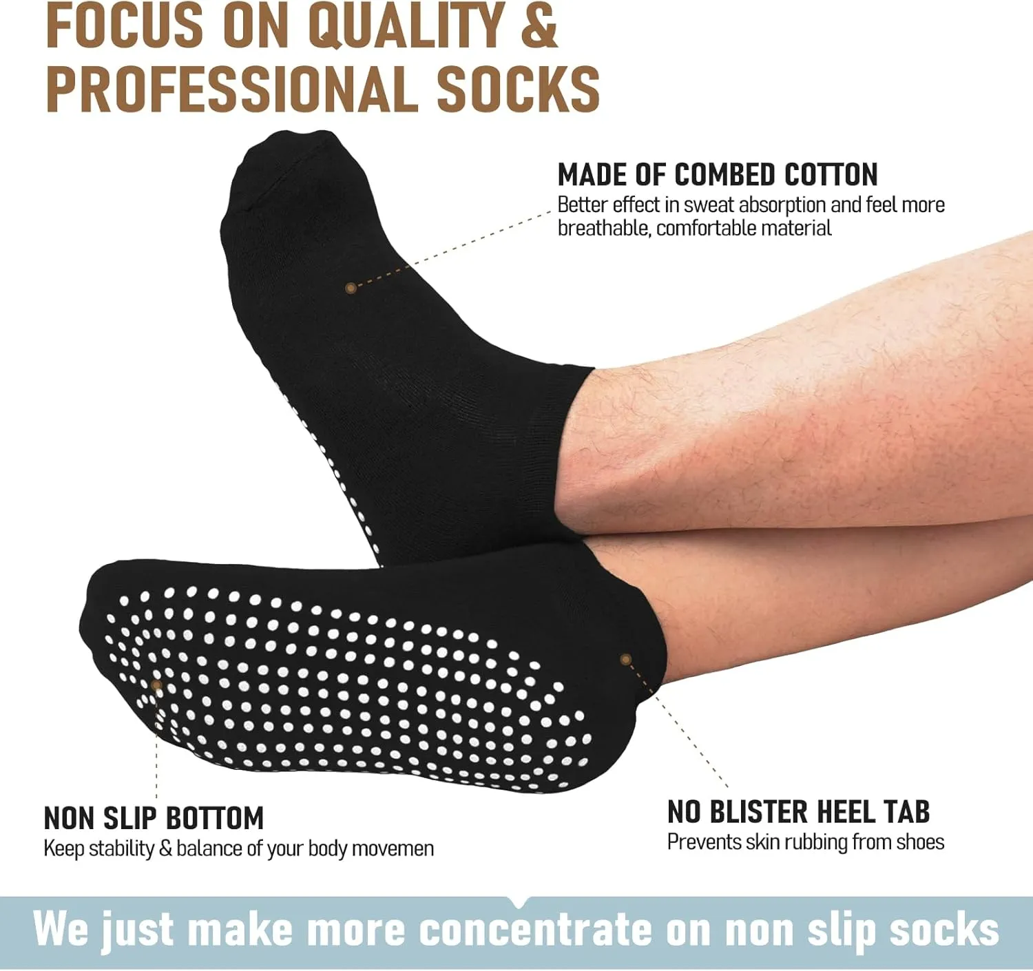FuelMeFoot Men's Non Slip Yoga Socks with Grips Anti Slip Socks with Cushion for Hospital, Pilates, Fitness Grippy Socks