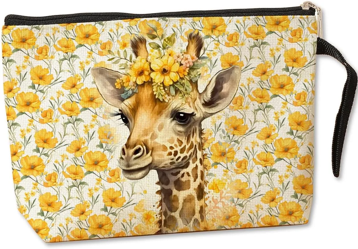 Giraffe Cosmetic Bag Giraffe Gifts Giraffe Themed Gifts Animal Lover Gifts for Women Female Farm Girl BFF Best Friend Coworker Toiletry Bag Graduation Mothers Day Birthday Gifts Floral Makeup Bag