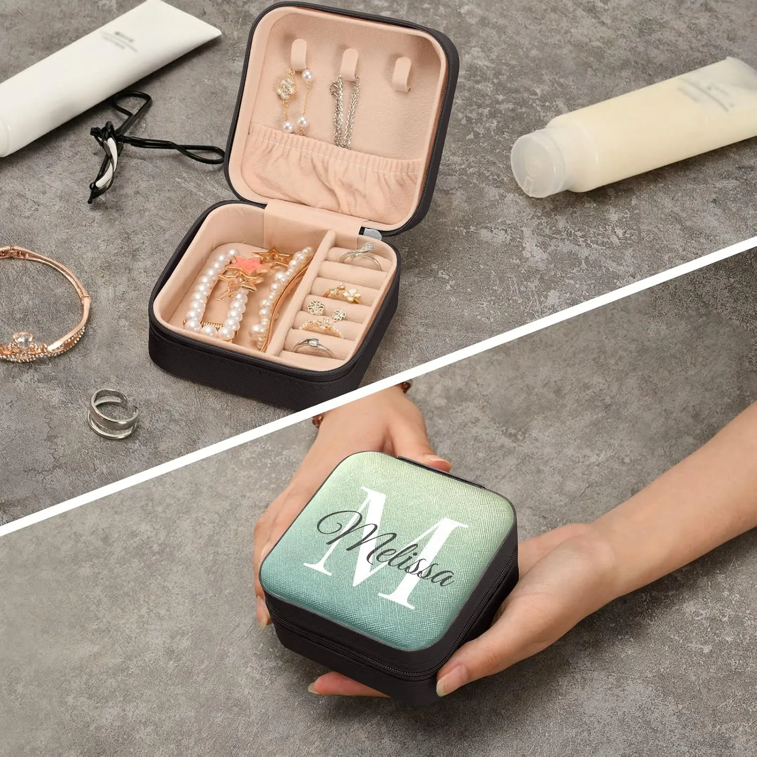 Green Gradient Custom Travel Jewelry Case PU Leather Personalized Portable Jewelry Box Travel Jewelry Organizer Small Jewelry Box for Ring Necklace Bracelet Earring Display Box Holder for Women
