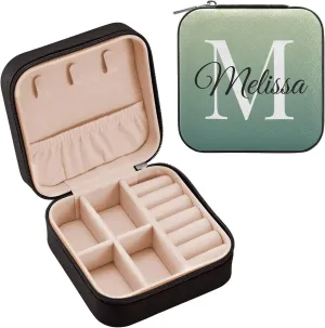 Green Gradient Custom Travel Jewelry Case PU Leather Personalized Portable Jewelry Box Travel Jewelry Organizer Small Jewelry Box for Ring Necklace Bracelet Earring Display Box Holder for Women