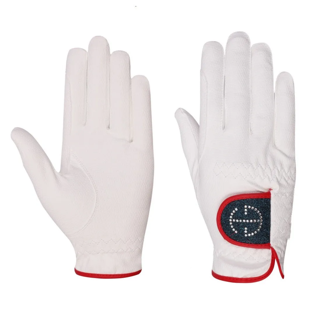 Halter Ego Competition Gloves - Red/White/Bermuda Blue Glitter & Crystal Logo