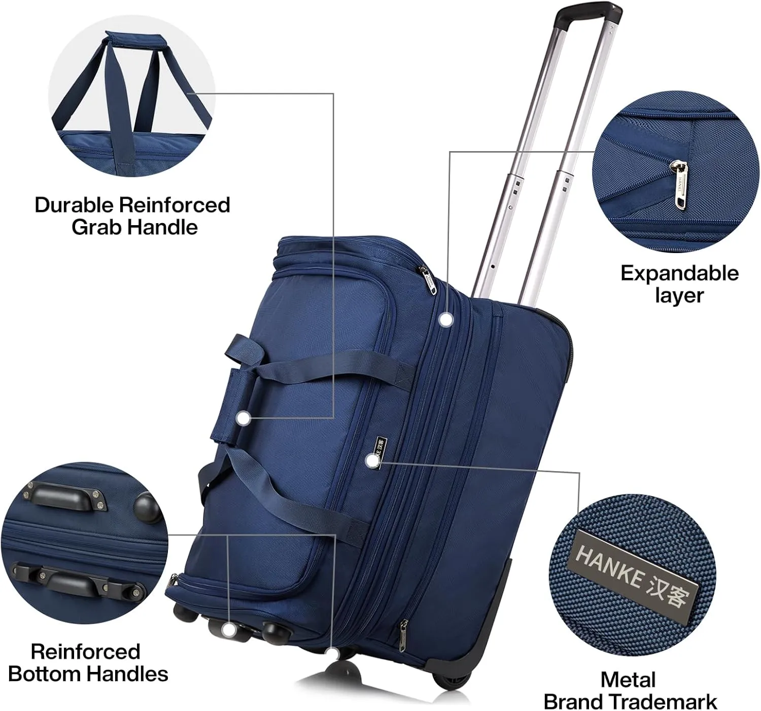 Hanke 22 Inch Expandable checked Luggage Suitcases with Wheels Foldable Duffle Bag for Travel suitcase Weekend Bag for Women MenBlue