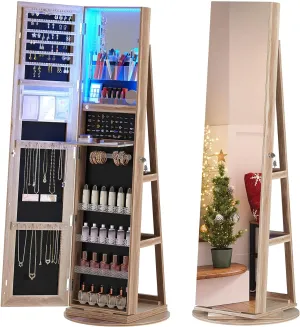 HNEBC 360 Rotating Jewelry Cabinet with Lights, 63" H Standing Jewelry Armoire Organizer with Mirror, Full Length Mirror with Jewelry Storage, Lockable Lagre Jewelry Organizer Stand for Wonen (Wood)