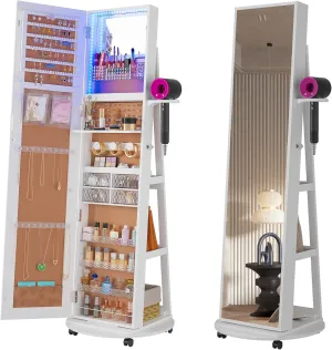 HNEBC 360 Swivel Jewelry Armoire with Mirror, LED Mirror Jewelry Cabinet Standing, Full Length Mirror with Jewelry Storage, Standing Jewelry Organizer/Lockable Wheels/Foldable Makeup Shelf (C-White)