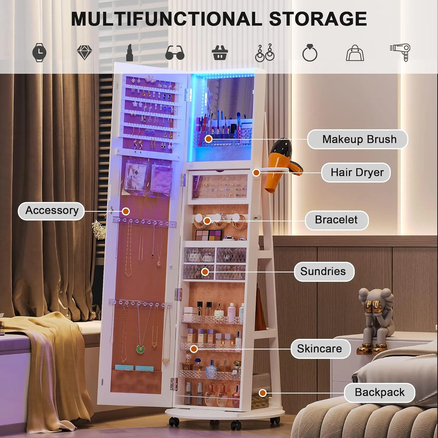 HNEBC 360 Swivel Jewelry Armoire with Mirror, LED Mirror Jewelry Cabinet Standing, Full Length Mirror with Jewelry Storage, Standing Jewelry Organizer/Lockable Wheels/Foldable Makeup Shelf (C-White)