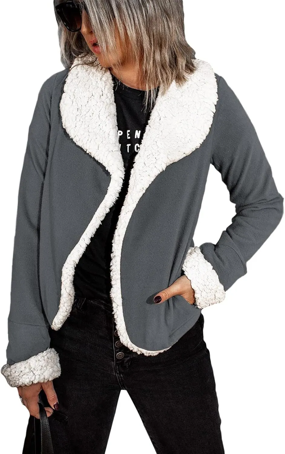 Jackets for Women Plus Size Turndown Neck Open Front Winter Coats Long Sleeve Warm Fleece Jackets Outerwear